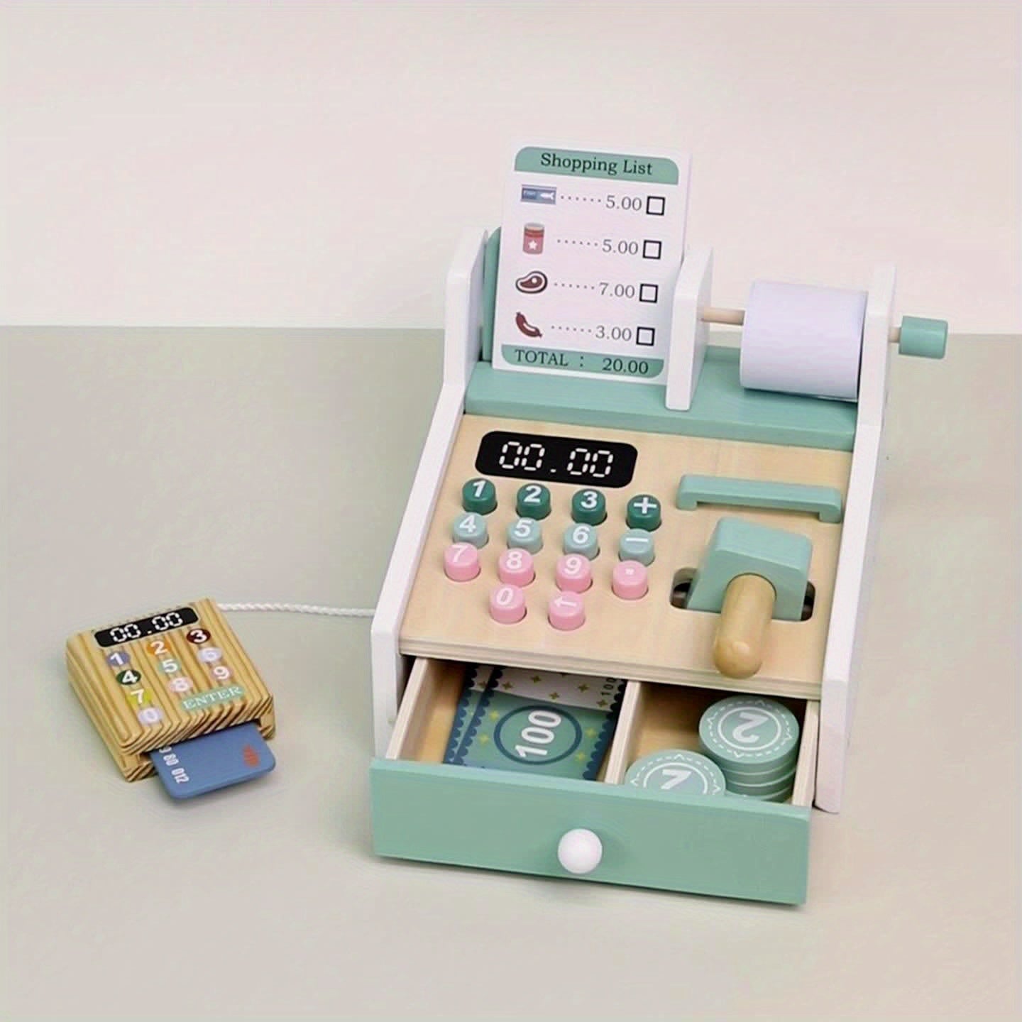 Wooden Supermarket Cash Register Toy Set with Shopping List and Coin Slot