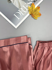 Striped Satin Pajama Set Long Sleeve Buttons Top & Elastic Waistband Pants