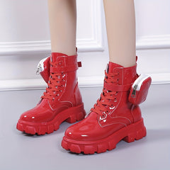 Women's Platform Combat Boots Patent Leather Short Boots Anti Skid Shoes