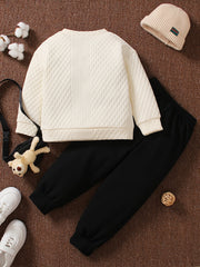 Boy's Cable Knit Sweatshirt & Toy Bear Bag & Sweatpants Set