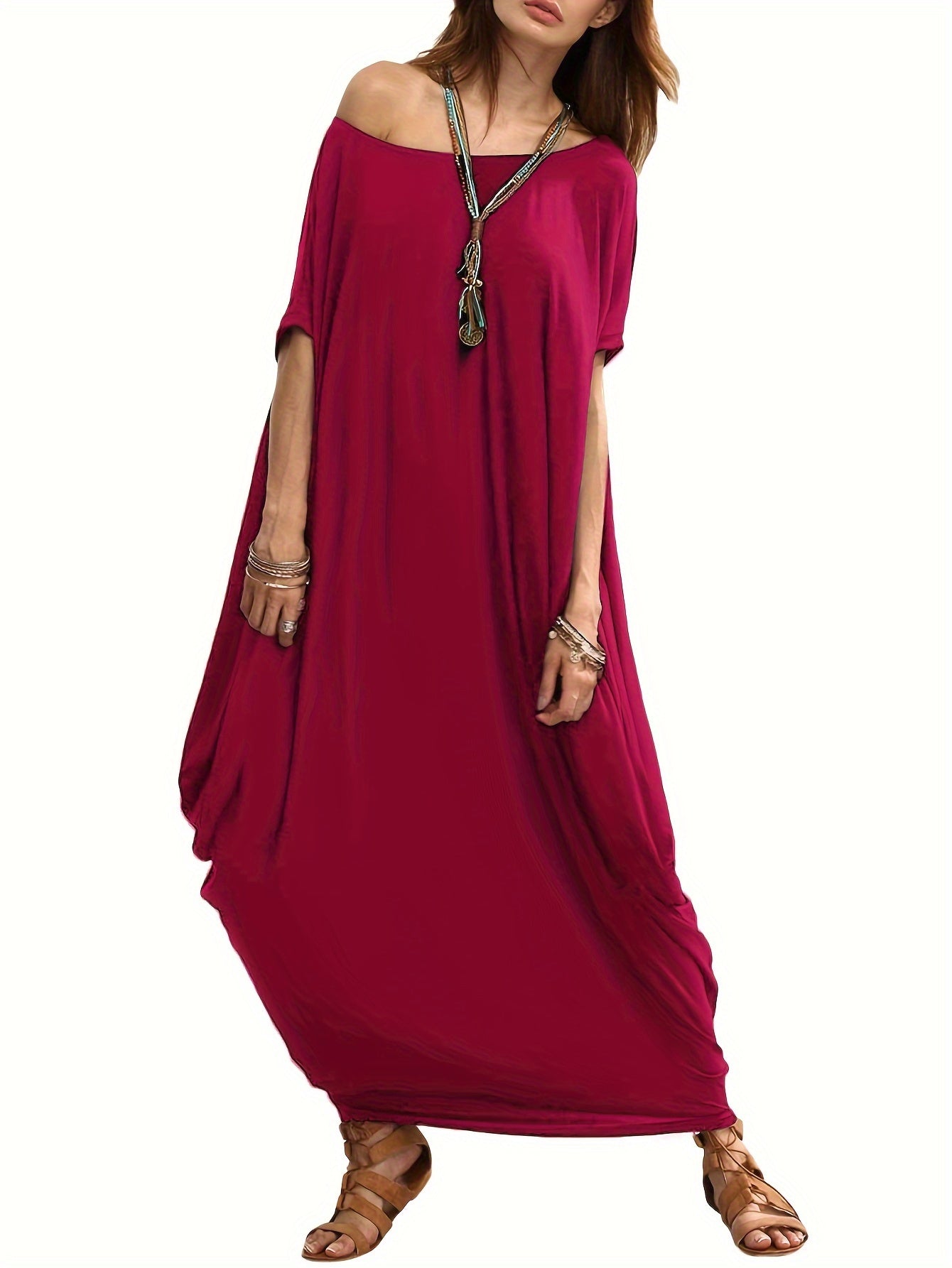 Women's Plus Solid Batwing Sleeve Maxi Cover Up Dress