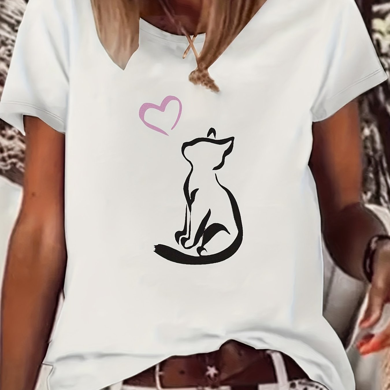 Cat & Heart Print T shirt Casual Short Sleeve Round Neck Women's Tops