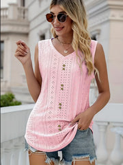 Eyelet Button Tank Top V Neck Sleeveless Summer Top