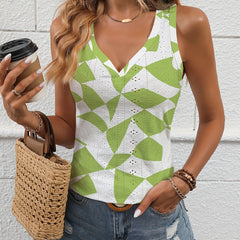 Geo Print Eyelet Tank Top V Neck Summer Sleeveless Casual Tank Top