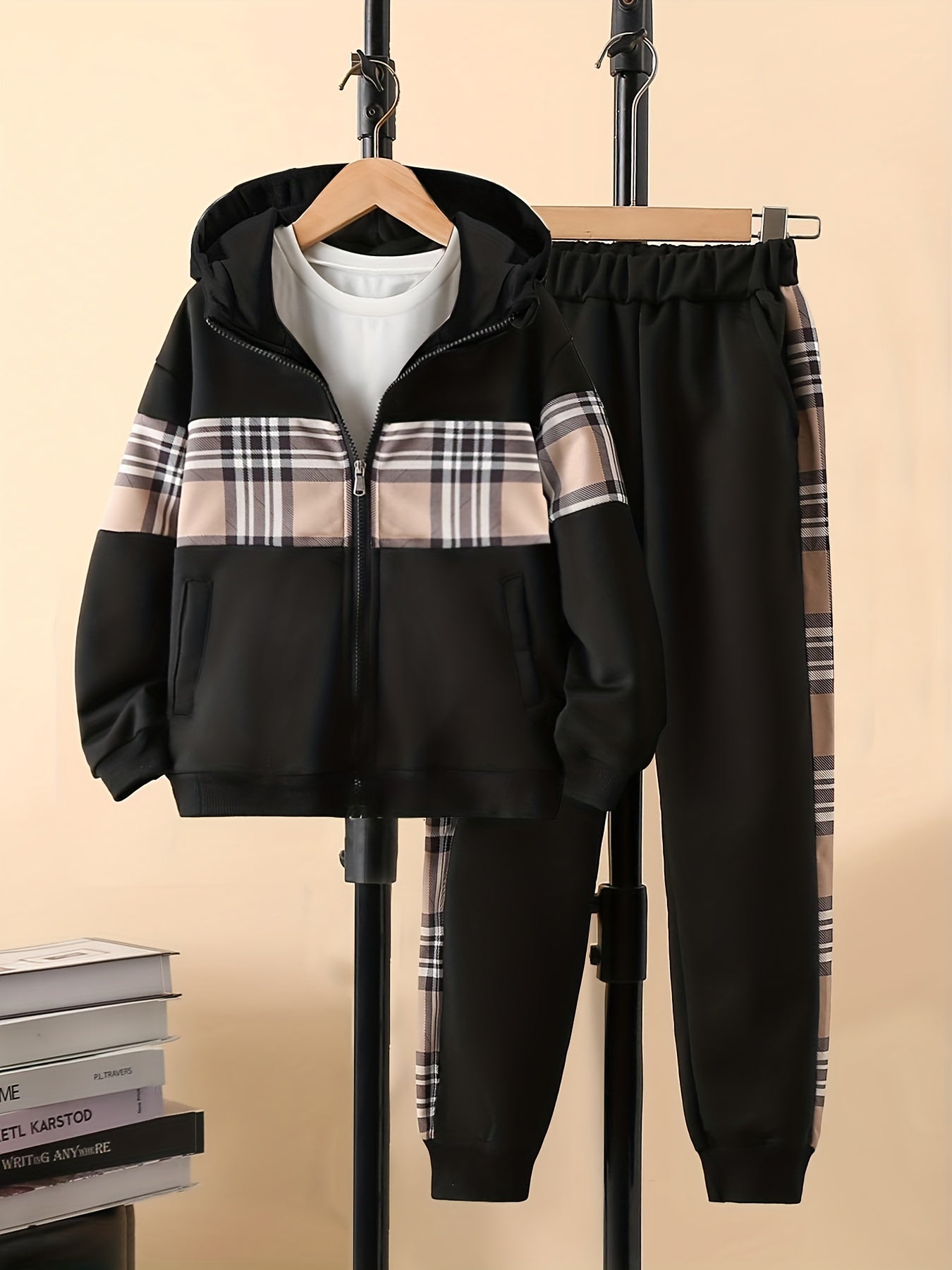 Boys Plaid Hooded Jacket & Patchwork Sweatpants Set