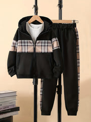Boys Plaid Hooded Jacket & Patchwork Sweatpants Set