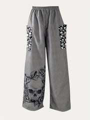 Skull Pattern Wide Leg Pants Casual Loose Pants