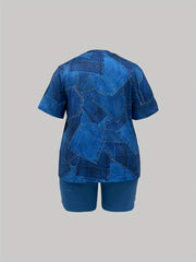 Denim Print Short Sleeve Top & Shorts Set
