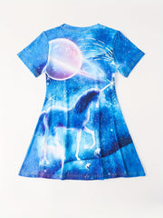 Girls 3D Unicorn Moon Graphic Short Sleeve Dress