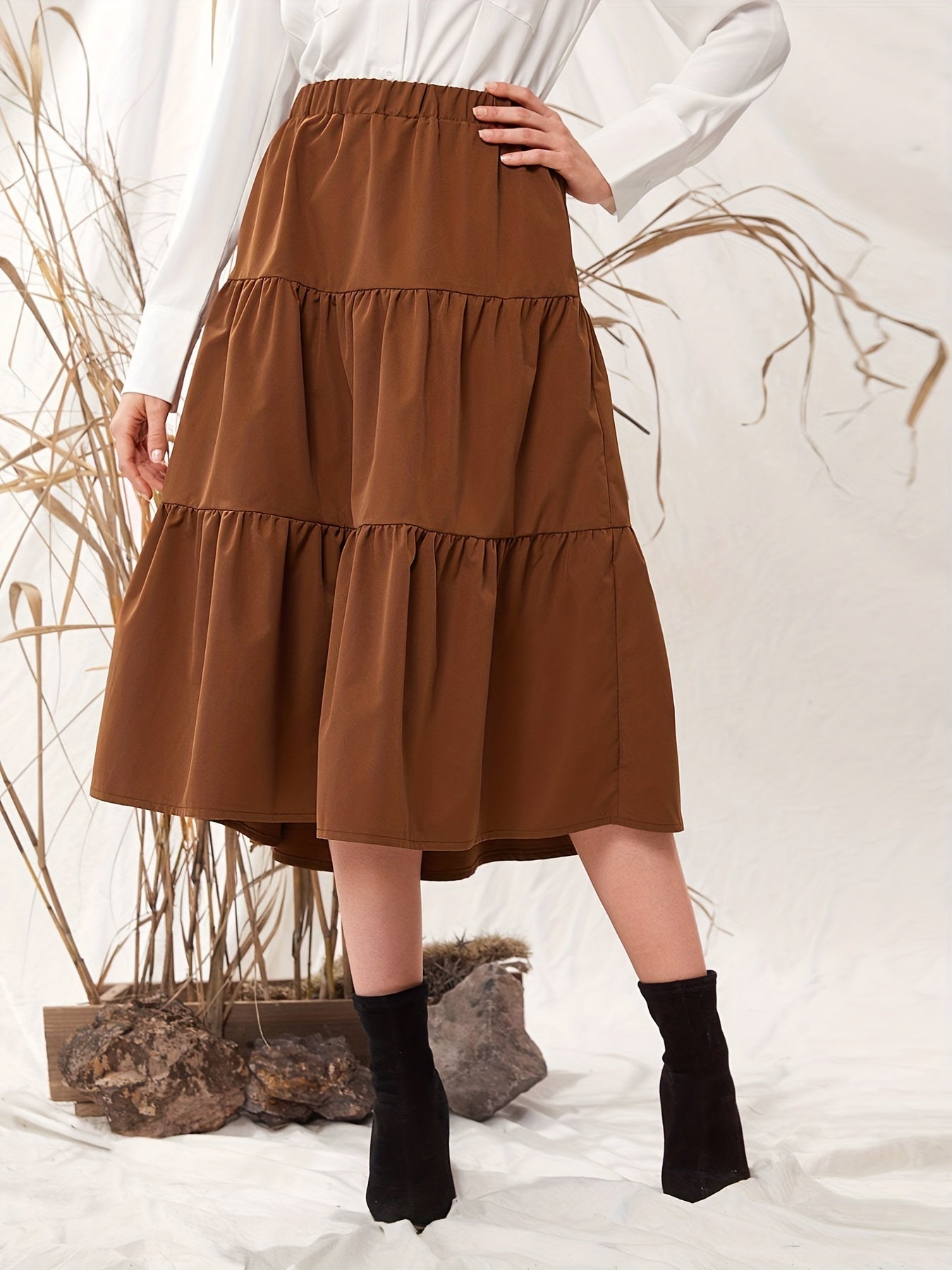 Ruched Elastic Waist Midi Skirt for Women