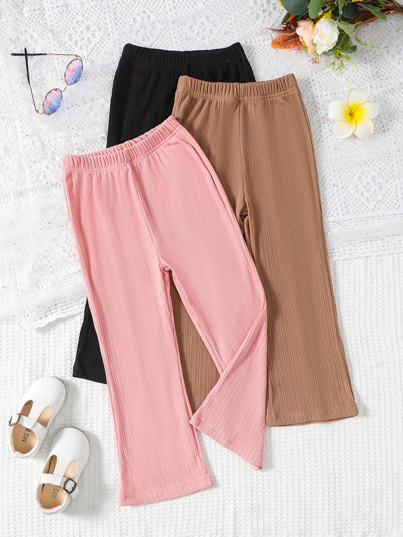 3 Pack Girls Casual Flared Pants Plain Colors Summer Comfort