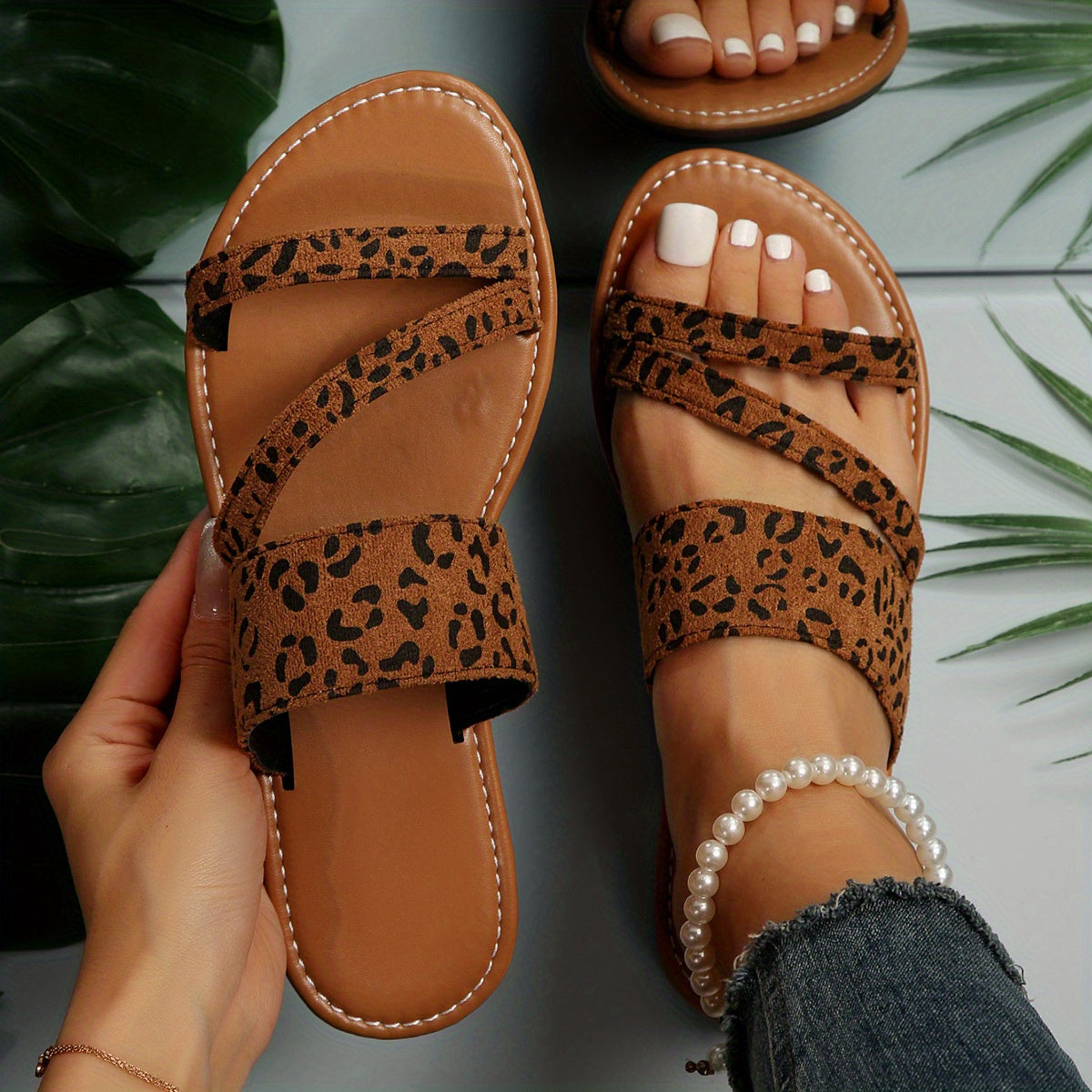 Leopard Print Slide Sandals Slip On Flat Summer Shoes Lightweight