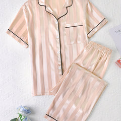 Striped Satin Lounge Set Short Sleeve Top & Pants Women's Loungewear