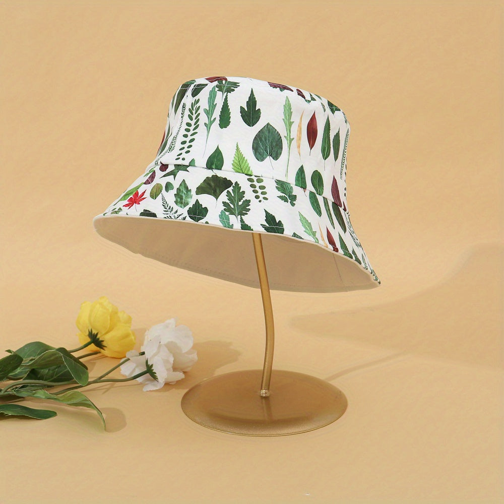 Letter Leaf Print Bucket Hat Classic Reversible Cartoon Basin Hat