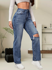Loose Fit Straight Jeans Ripped Holes Slash Pockets Non Stretch