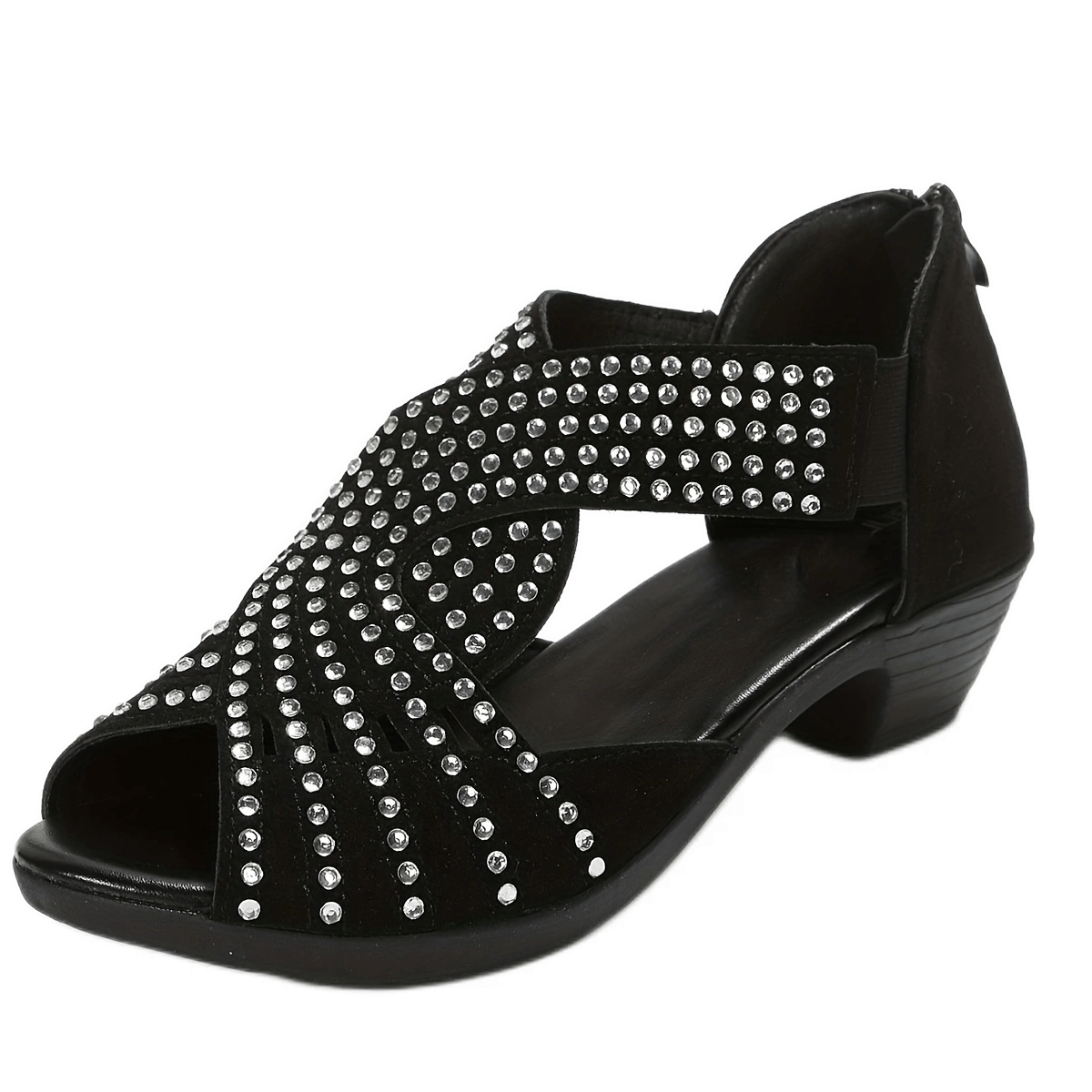 Rhinestone Cross Strap Sandals with Block Heel for Outdoor Activities