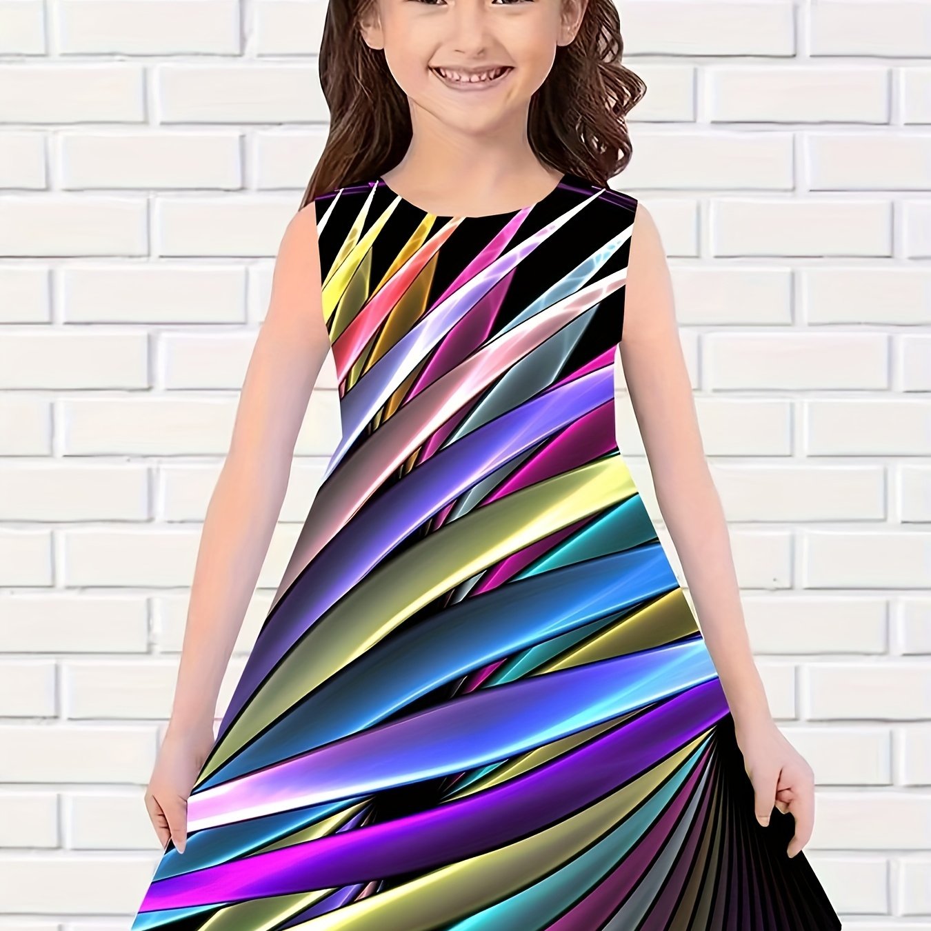 Girls Rainbow Stripped Sleeveless Dress Summer Clothes