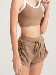 Solid Drawstring Sports Shorts Side Pleated Yoga Fitness Shorts