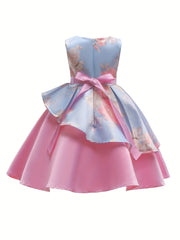 Girls Sleeveless Flowers Graphic Bow Princess Dress Gown