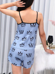 Crown Print Pajama Set Cami Top & Shorts Sleepwear Women