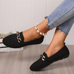 Women's Knitted Flat Loafers with Chain Decor Soft Sole Slip On Shoes