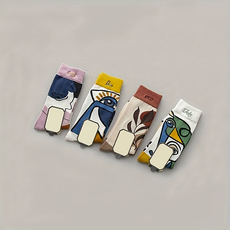 4 Pairs Illustration Print Socks Novelty Funny Mid Tube Stockings