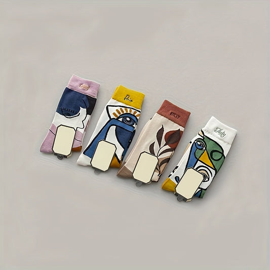 4 Pairs Illustration Print Socks Novelty Funny Mid Tube Stockings