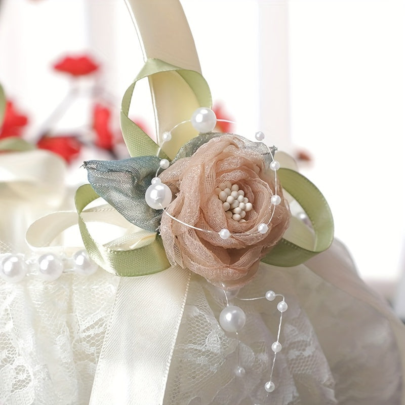 Wedding Flower Basket Beaded Petals Basket Satin Bridal Basket With Handle