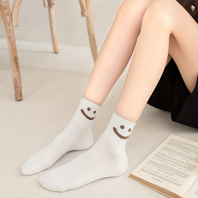 5 Pairs Smiling Print Crew Socks for Women