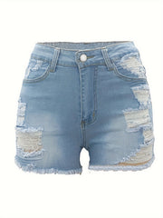 Sexy Denim Shorts Women's Plus Washed Ripped High Leg Cut Button Fly