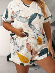 Plus Size Retro Pajamas Set Leaf & Bird Print Tee & Shorts Lounge 2