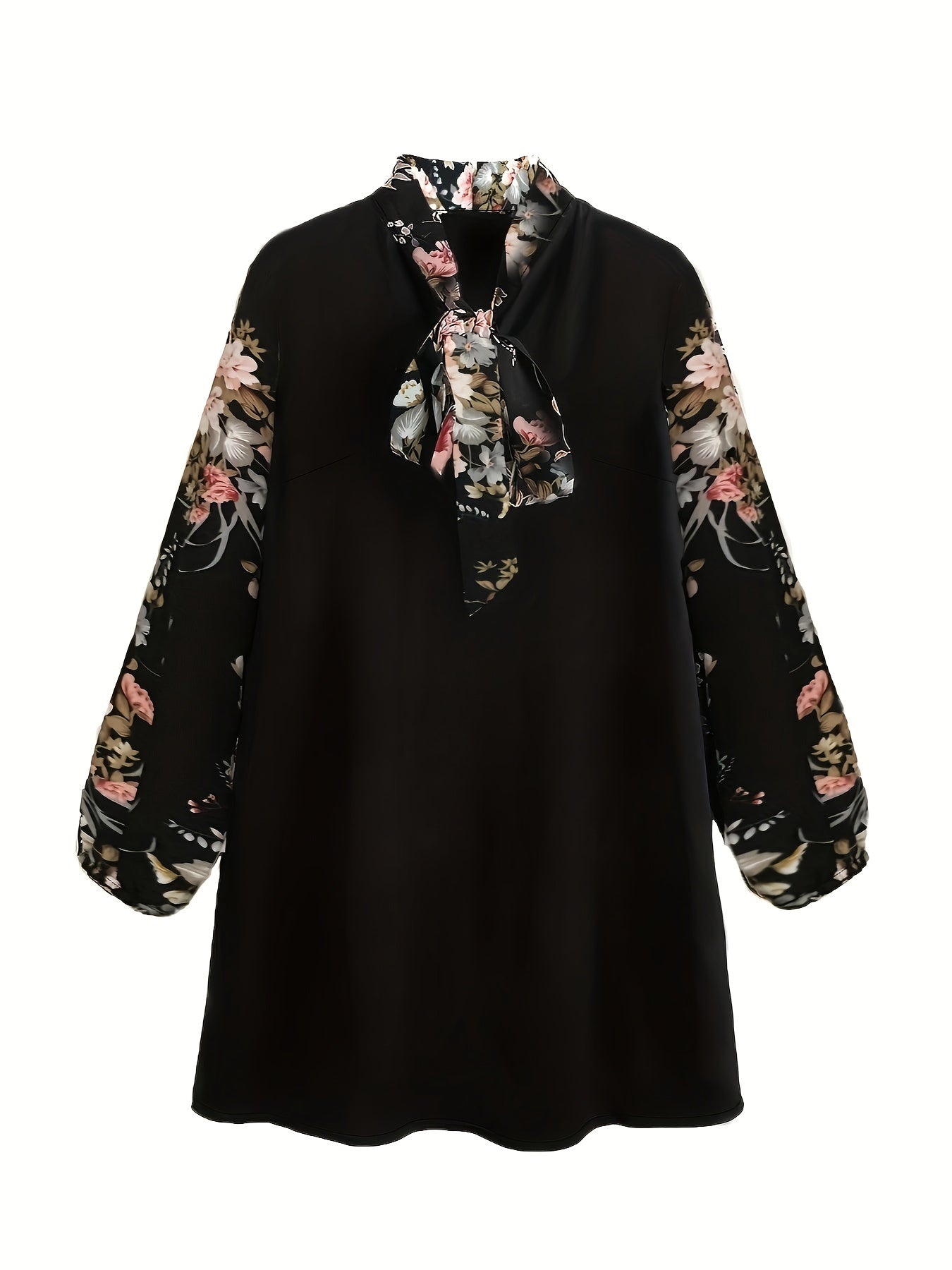 Dress Women's Plus Colorblock Floral Print Lantern Sleeve Tie Neck In