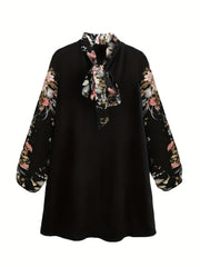 Dress Women's Plus Colorblock Floral Print Lantern Sleeve Tie Neck In