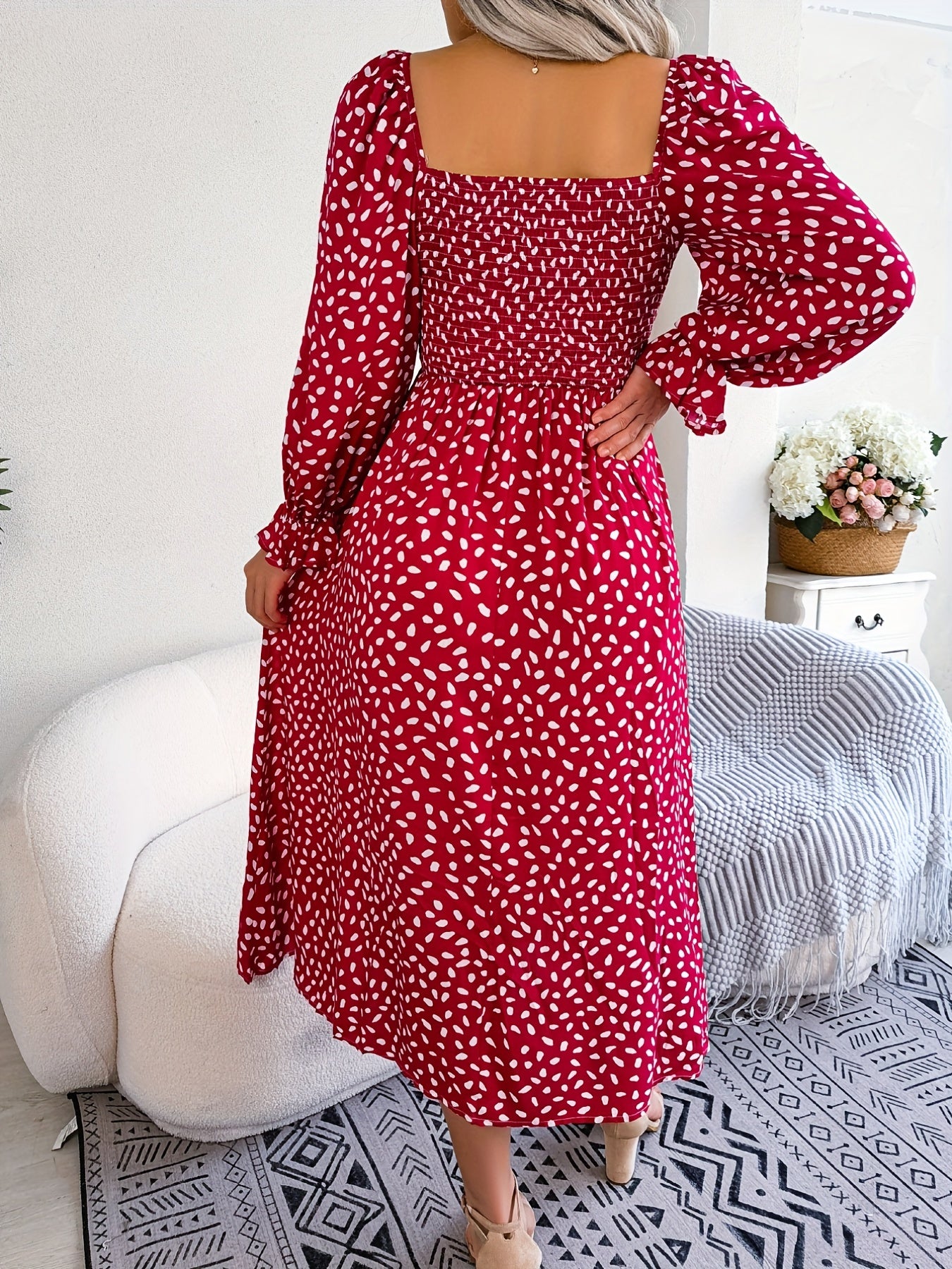 Floral Print Squared Neck Maxi Dress Puff Sleeve Slim Waist Ruched