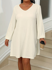 Solid Ribbed Lantern Sleeve V Neck Dress