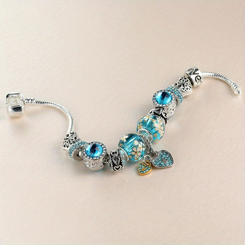 Silver DIY Bead Bracelet with Love Heart Pendant for Women
