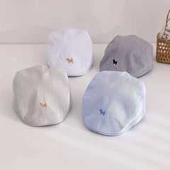 Casual Striped Beret Vintage Breathable Cap Dog Embroidery