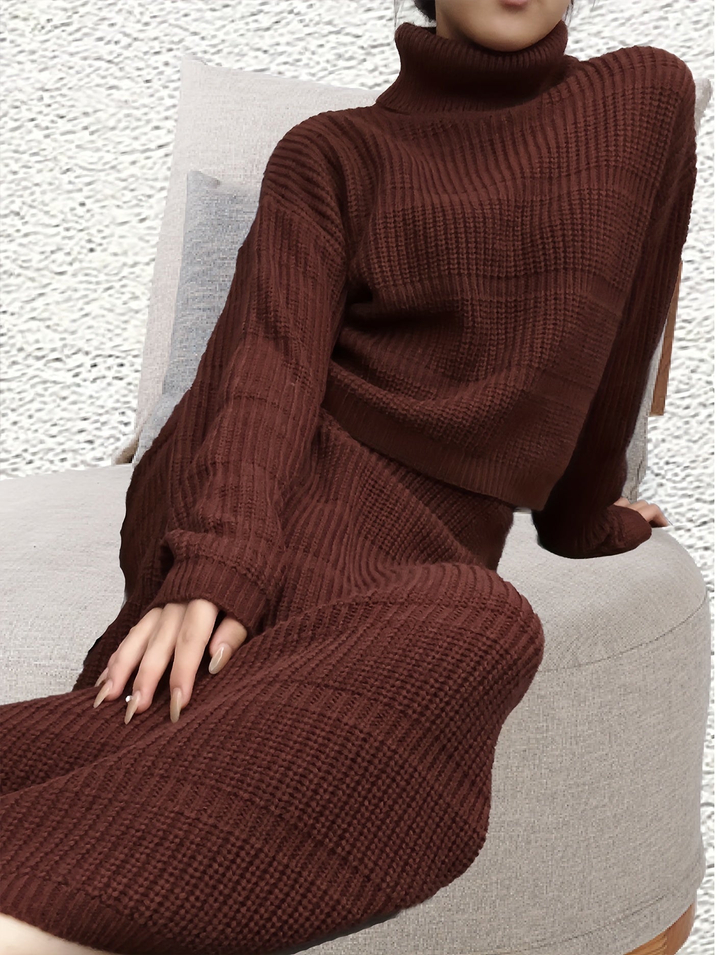 Solid Knit 2pc Skirt Set Turtleneck Sweater & Ankle Length Skirt