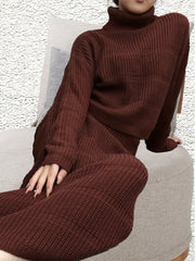 Solid Knit 2pc Skirt Set Turtleneck Sweater & Ankle Length Skirt