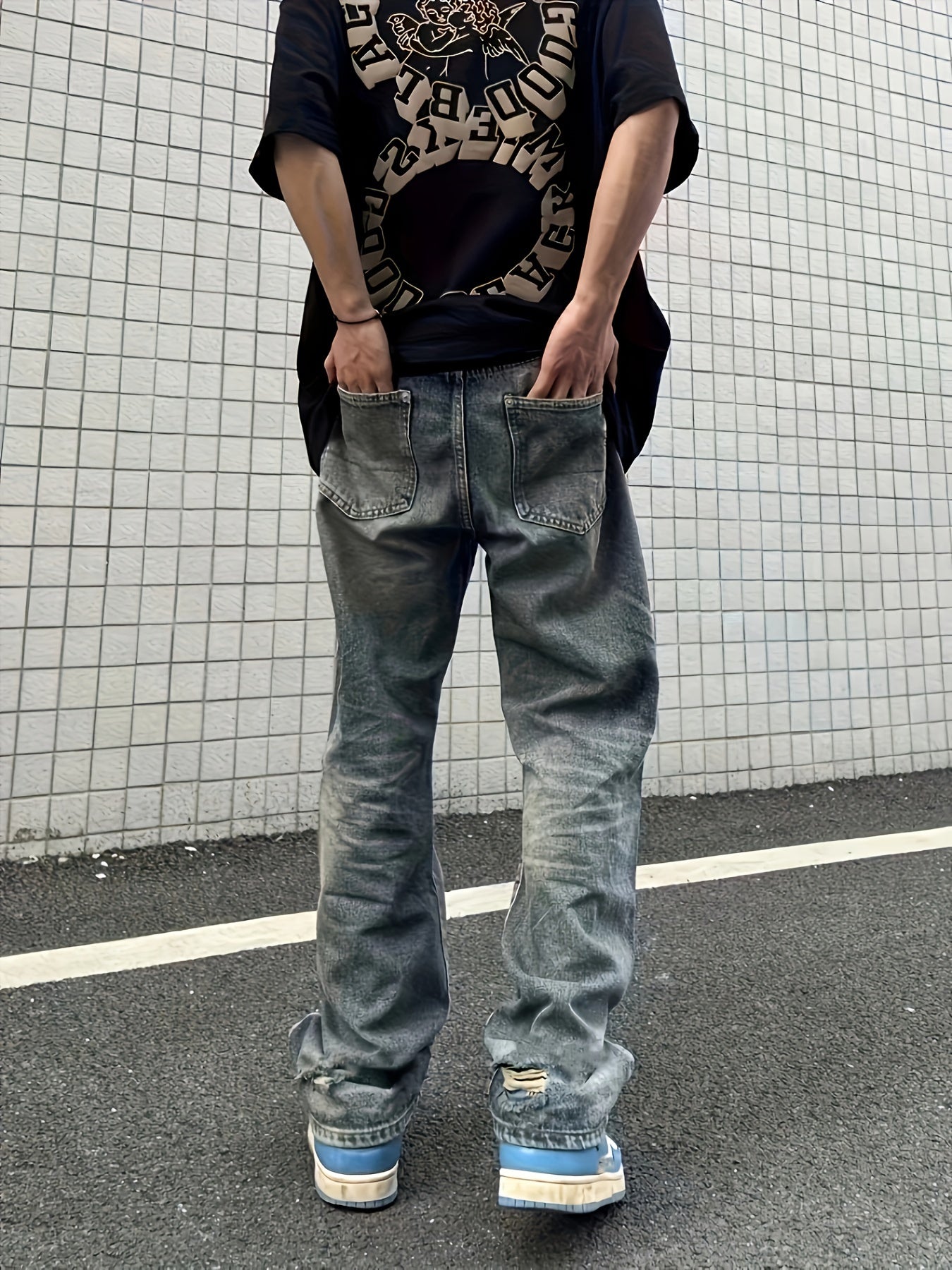 Men's Ripped Loose Fit Wide Leg Jeans