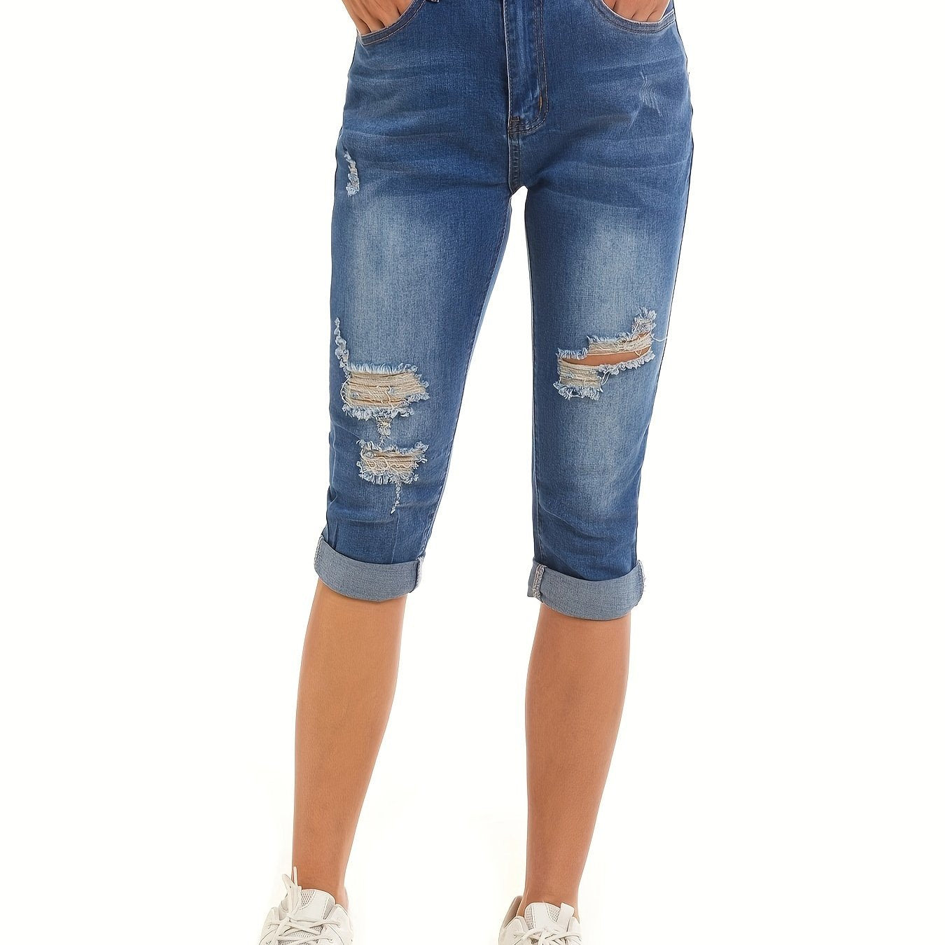 Women's Ripped Holes Capris Jeans Slim Fit Mid Stretch Denim Pants