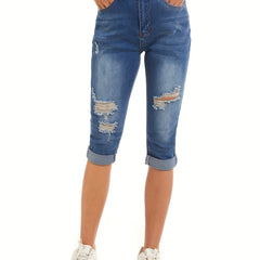 Women's Ripped Holes Capris Jeans Slim Fit Mid Stretch Denim Pants