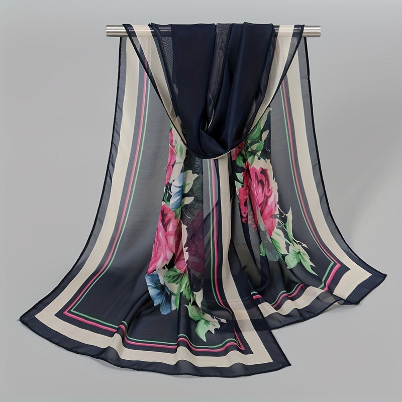 Flower Print Chiffon Scarf 150x04cm Elegant Sunscreen Silk Shawl