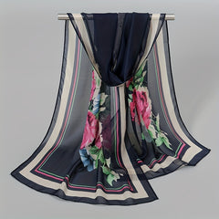 Flower Print Chiffon Scarf 150x04cm Elegant Sunscreen Silk Shawl