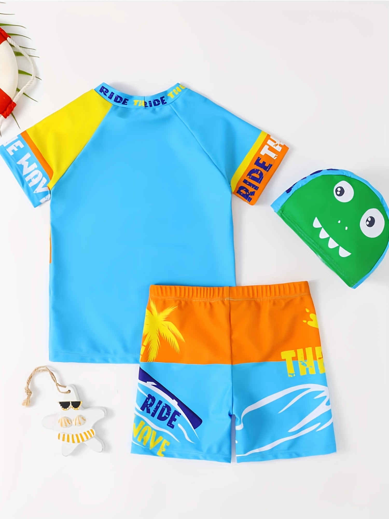 Boys Dinosaur Wave Block Swim Suit Swimming Trunks & Tops & Cap