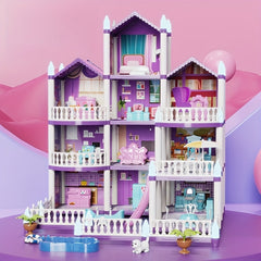 13-Room Dollhouse Villa Pink/Purple 3-Level Toy House Durable Plast