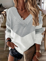 Colorblock V-Neck Sweater Long Sleeve Pullover