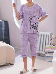 Cartoon Bear Print Pajamas Set Short Sleeve Crew Neck Top & Crop Pants