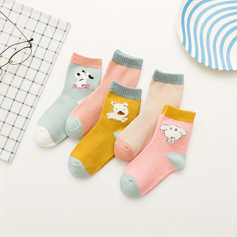 5 Pairs Girl's Cartoon Animals Knitted Socks Cotton Blend Crew Socks