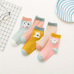 5 Pairs Girl's Cartoon Animals Knitted Socks Cotton Blend Crew Socks